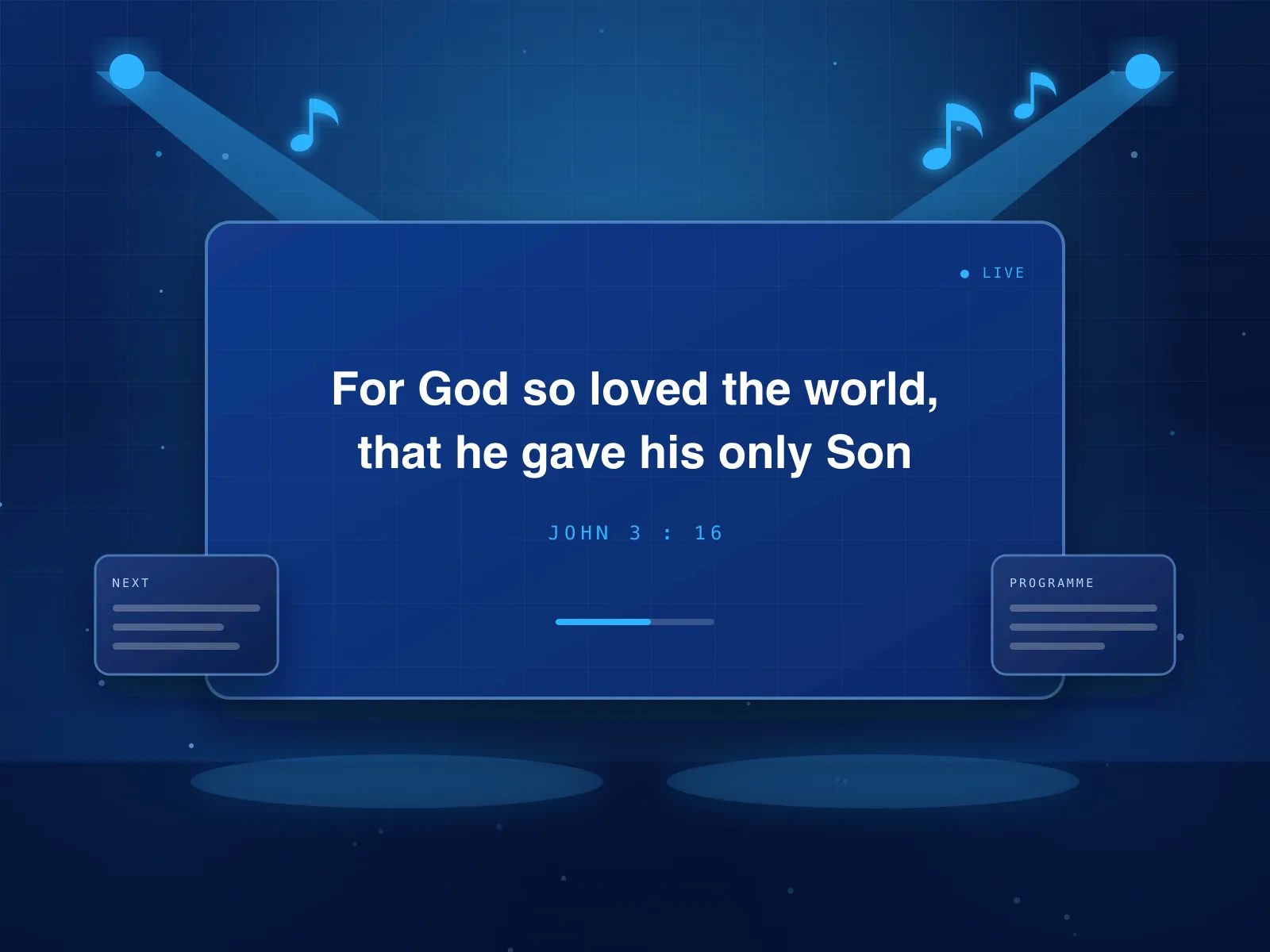 Illustration of a worship presentation: a large screen showing a scripture verse under projector beams, with next-item and programme panels.